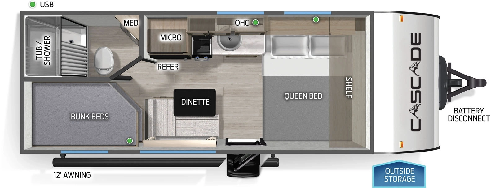 The Cascade 17LPC floorplan has one entry and zero slide outs. Exterior features include: metal exterior and 12' awning. Interiors features include: bunk beds and front bedroom.